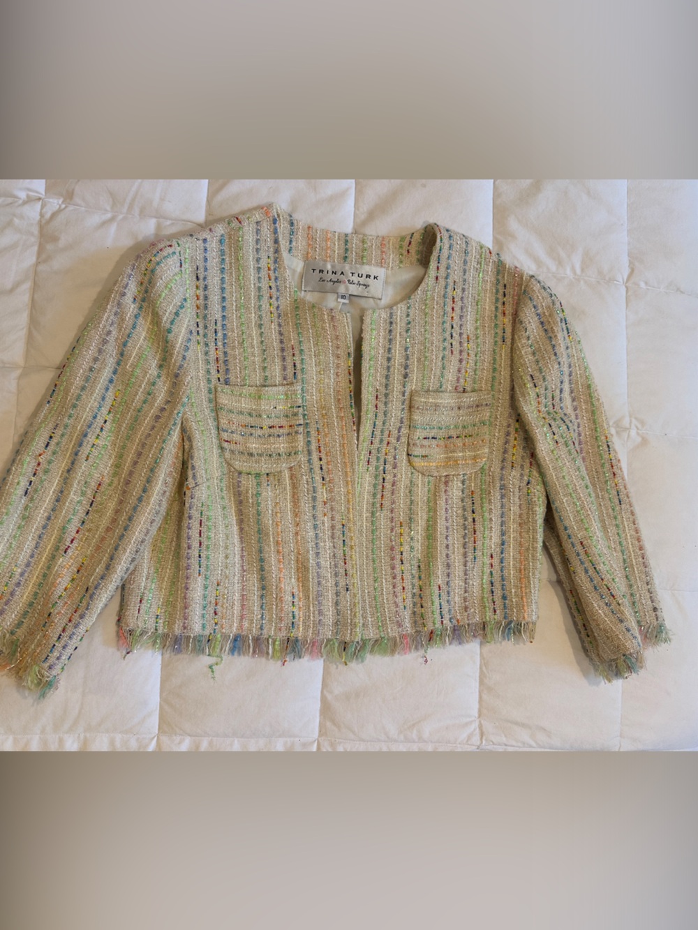 Trina Turk Cream Tweed Cropped Fringe Multi-Stripe Cardigan